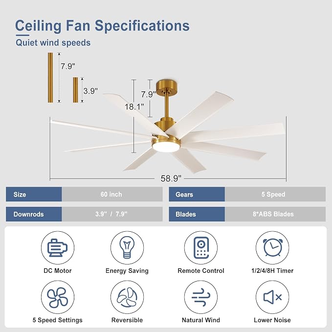 Farmhouse Ceiling Fan with Remote: 60" White and Gold 8-Blade 5-Speed Reversible DC Motor - Large Indoor/Outdoor Fan