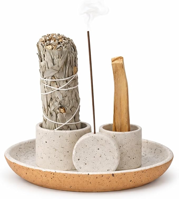 4-in-1 Ceramic Incense Holder Set for Sage, Palo Santo & Sticks – Modern Smudge Kit Burner Tray for Meditation, Yoga & Home Décor