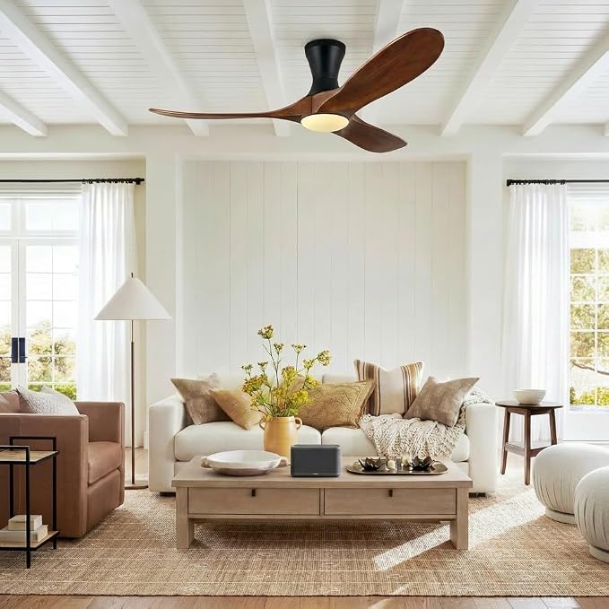 52 inch Smart Flush Mount Ceiling Fans with Lights, Low Profile Ceiling Fan with WIFI Alexa and App Remote Control, Quiet DC Motor, 3 Blades Wood Modern fan for Indoor Outdoor Bedroom Patio, Walnut