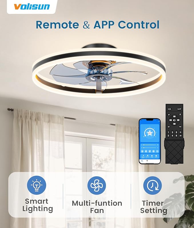 VOLISUN Low Profile Ceiling Fans with Lights and Remote, 24in Flush Mount Ceiling Fans with Light, 3000K-6500K Dimmable Fandelier LED Fan Light, Black Bladeless Ceiling Fans with Lights for Bedroom