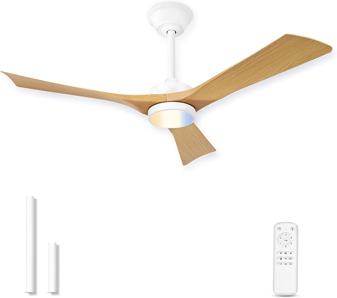 52" Ceiling Fan with Light & Remote, White, ZCCF08WY-52 | White finish, remote, 6 speeds, 3CCT dimmable LED and quiet reversible DC motor for living rooms and covered patios