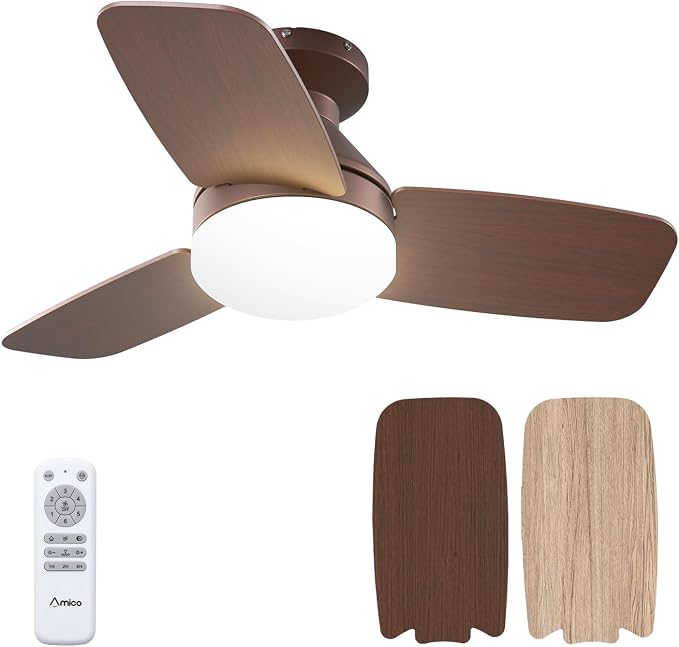 Amico Ceiling Fans with Lights, 30 inch Low Profile Ceiling Fan with Light and Remote Control, Flush Mount, Reversible, 3CCT, Dimmable, Noiseless, Brown Ceiling Fan for Bedroom, Indoor/Outdoor Use