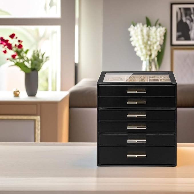 VLANDO 6-Drawer Jewelry Box with Glass Lid, Faux Leather Organizer for Rings Earrings Necklaces and More, Gift-Ready Jewelry Case for Women Girls or Moms, Black