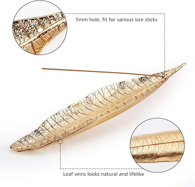 Zen Leaf Incense Burner with Ash Catcher - Compact Zinc Alloy Golden Tray for Meditation, Yoga & Home Decor, Portable Spiritual Aromatherapy Holder