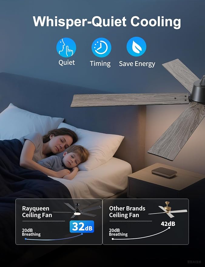 Rayqueen 60 Inch Black Ceiling Fans with Lights and Remote,Includes Downrod | 6 Speed Reversible DC motor,3-color temperature dimmable LED.For indoor/covered outdoor.Modern style for bedroom room