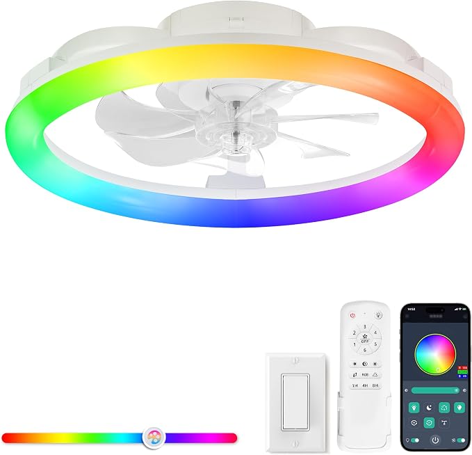 LEDIARY RGB Low Profile Ceiling Fans with Lights and Remote, 20 Inch Dimmable Modern Ceiling Fan(3000K-6000K), 6 Speed, Reversible, APP & Remote Control, Flush Mount Fan Light, White RGB Ceiling Fans