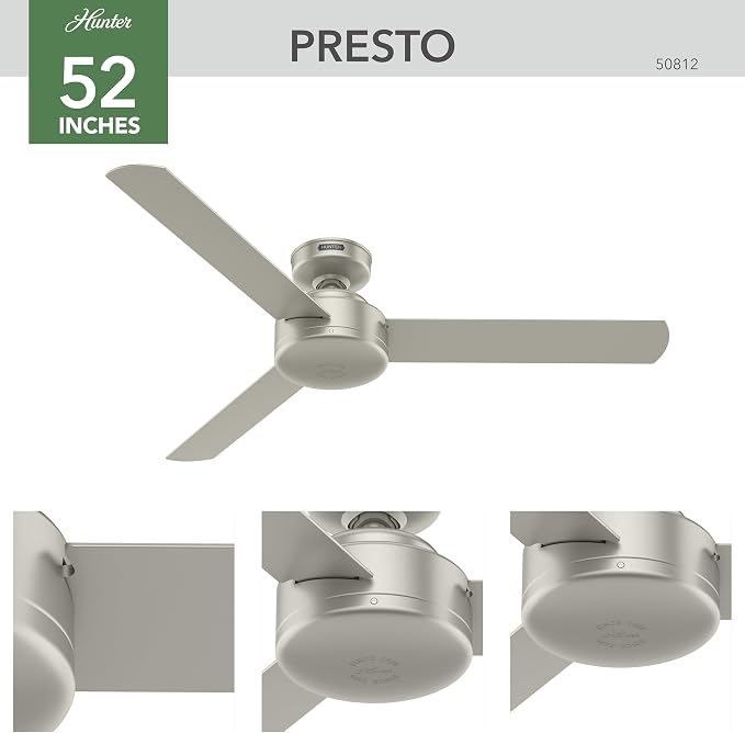Hunter Presto, Indoor, Ceiling Fan, No Light, Modern, 52 inch, Matte Nickel | SureSpeed high velocity airflow you can feel; no-light design and 3D Interactive Guide support bedrooms and home offices.