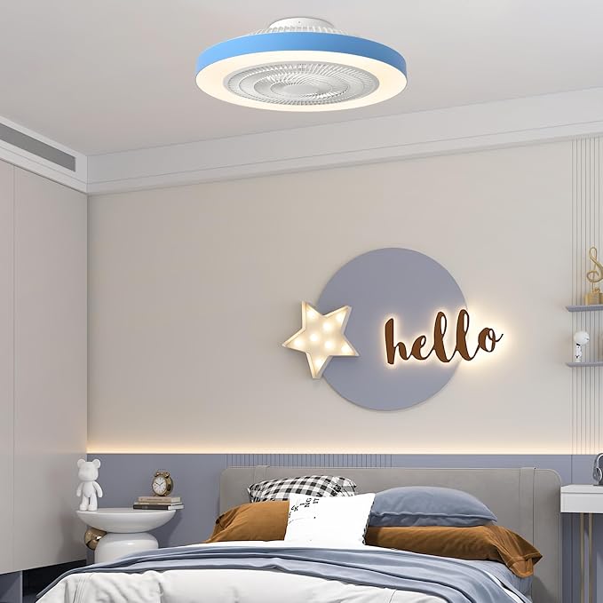 Depuley Modern Ceiling Fan with Light: 19" LED Flush Mount Low Profile Ceiling Fans with Remote & Smart APP Control - Blue Bladeless Fandelier Dimmable Quiet DC Motor for Bedroom Kids Room 6 Speeds
