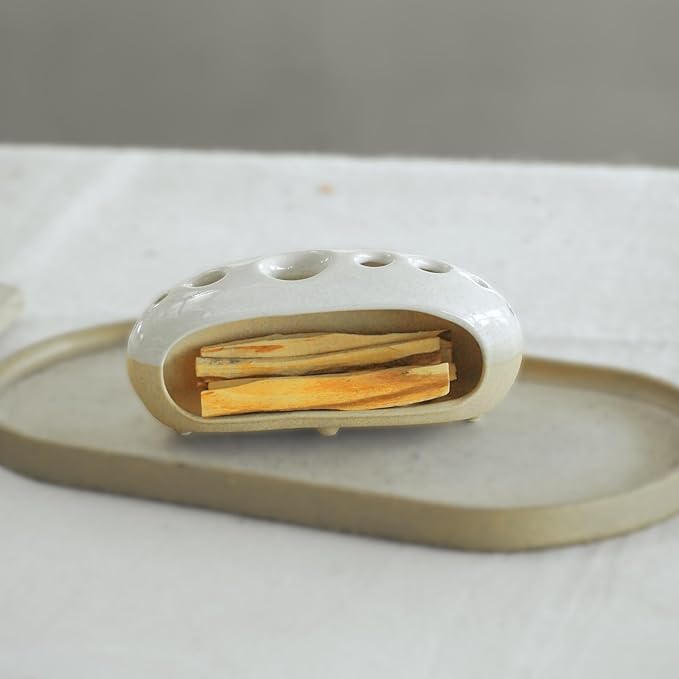 3 in 1 Palo Santo Holder for Sage Bundles Cone Incense, Handcrafted Ceramic Incense Burner Holder Ash Catcher with Chimney, Smudge Bowl for Yoga Meditation Home Decor (Multi - Porous White)