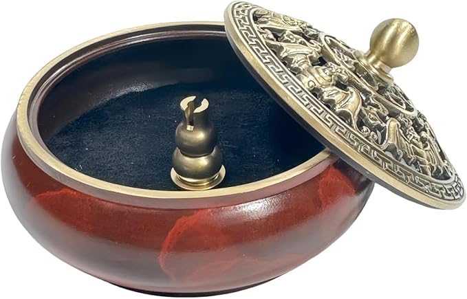 Red Brass Incense Burner with Stick Holder & Fireproof Cotton - Compatible with Cone, Charcoal Disc, Coil Incense | Handcrafted Durable Design for Home Altar, Meditation, Yoga