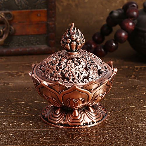 Lotus Incense Holder Lotus Flower Shaped 9 Holes Mini Vintage Incense Cover for Stick and Cone Incense ((Red Bronze))