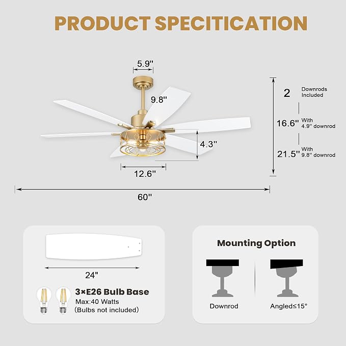 Dawn Whisper 60 Inch Ceiling Fans with Lights White and Gold Farmhouse Ceiling Fan for Bedroom Living Room Quiet and Reversible DC Motor Caged Chandelier Fan
