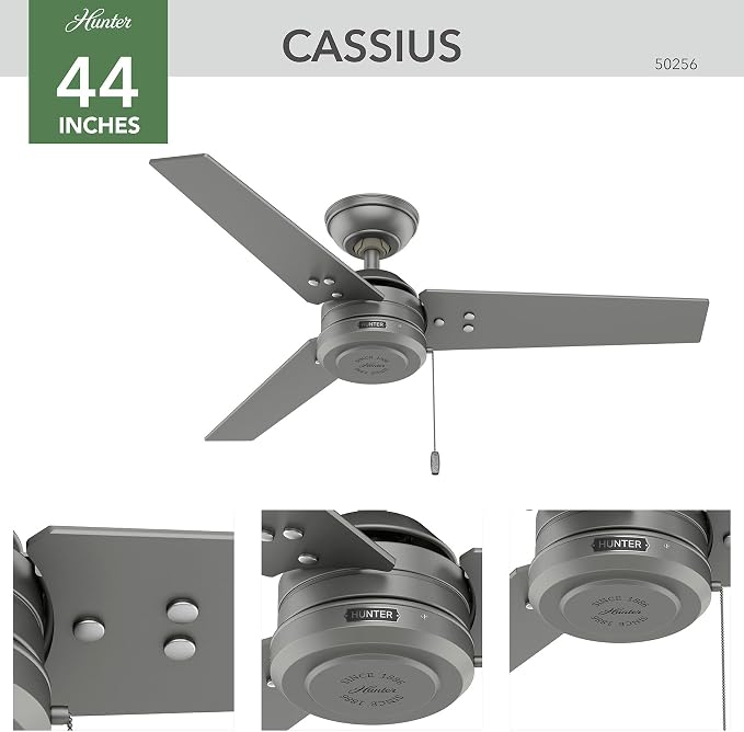 Hunter Cassius, Outdoor or Indoor, Ceiling Fan, 44 inch, Matte Silver | Covered patios and porches get a no-light design, droop-free blades, and compact scale for offices or small rooms.