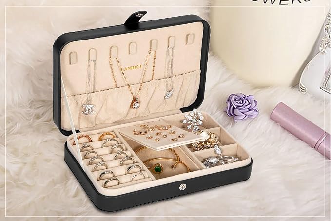 LANDICI Small Jewelry Box for Women Girls, PU Leather Travel Jewelry Case, Portable Jewelry Organizer Storage Holder Display for Ring Earrings Necklace Bracelet Bangle Men Kids Gift, Black