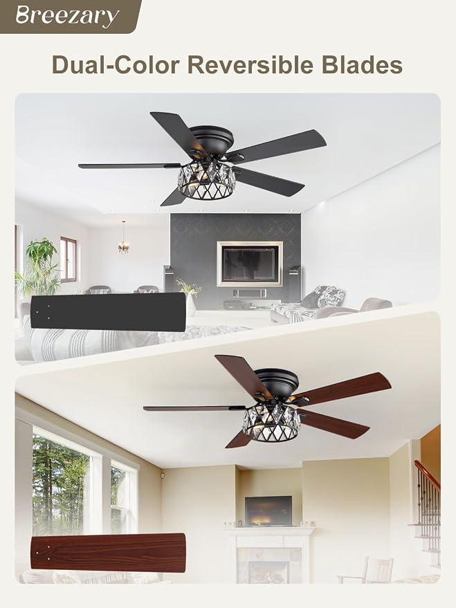 52 Inch Flush Mount Ceiling Fans with Lights and Remote, Double-Sided 5-Blade, 6-Speed Reversible DC Motor, Modern Low Profile Ceiling Fan Crystal Fandeliers for Bedroom Living Room Kitchen (Black)