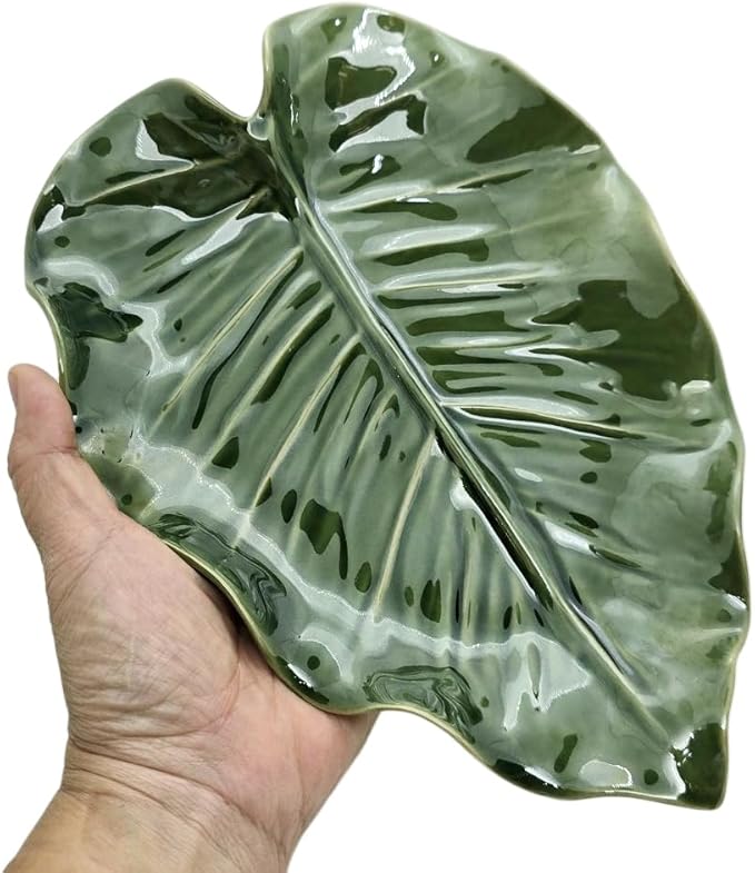 9½" Green Philodendron Leaf Shaped Tray - Handmade Ceramic Porcelain Decorative Plate Dish Catchall Miniature Container for Jewelry Personal Items Incense Holders Trays Décor Gifts