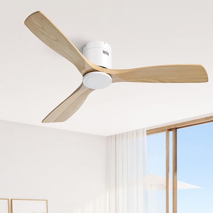 Sofucor Ceiling Fan No Light 52 Inch Flush Mount Ceiling Fan, Quiet Reversible DC Motor, Solid Wood Indoor Outdoor Ceiling Fan with Remote Control, 6-Speed for Bedroom Patio Farmhouse