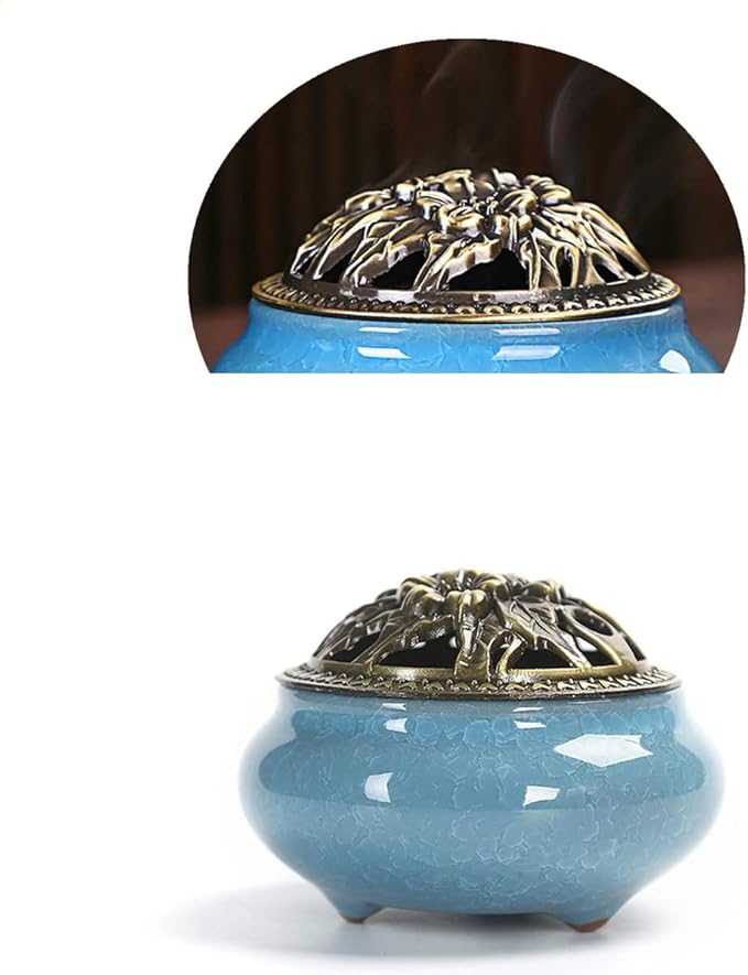 Ceramic Incense Burner, Ceramic Incense Burner with Lid, Cone Incense Burner, Cone Coil Incense Holder for Home Decor Yoga Spa Meditation(Blue)