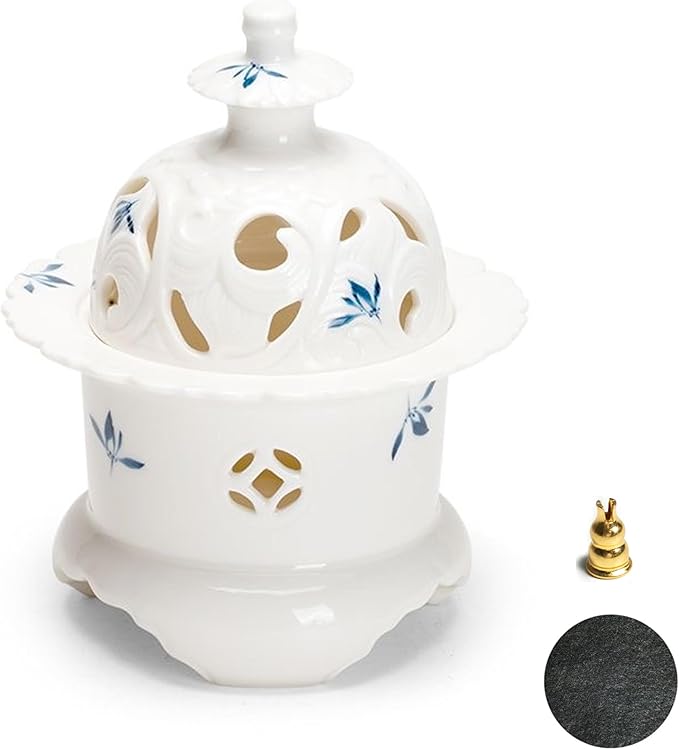 Handcrafted Ceramic Incense Burner (Hand-Painted Orchid), Three-Legged Incense Holder for Coil, Stick or Incense Seal, Elegant Chinese Incense Holder for Home Fragrance Decor