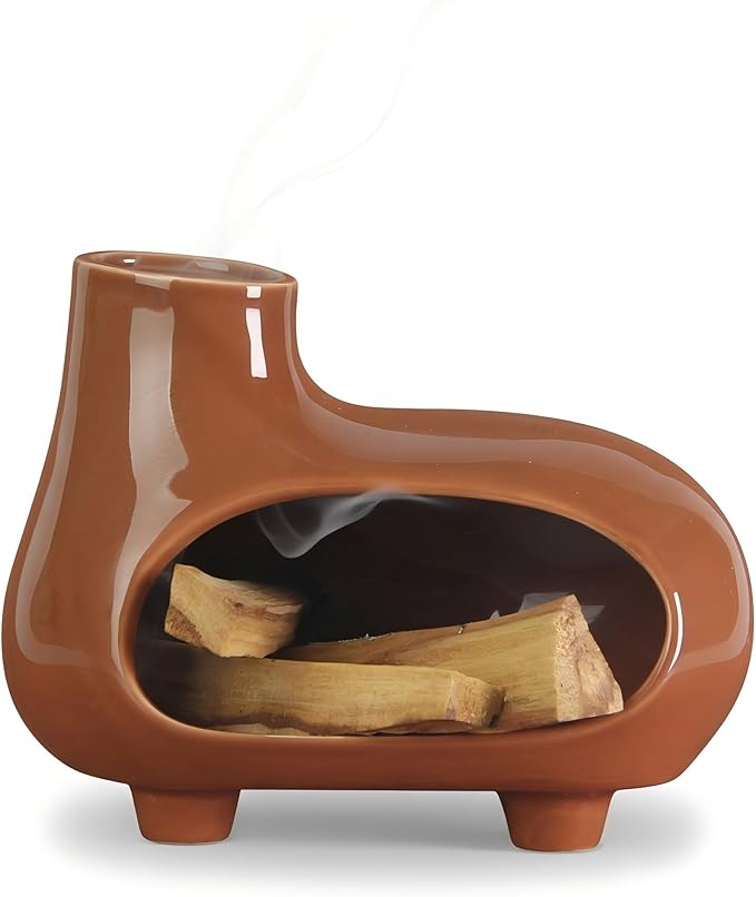 Terracotta Palo Santo Holder Burner with Chimney & Elevated Feet, Mess-Free Design for Meditation & Yoga, Holds Palo Santo Sticks, Sage & Cones – Ceramic Palo Santo Holder Set with Brush & Tweezer