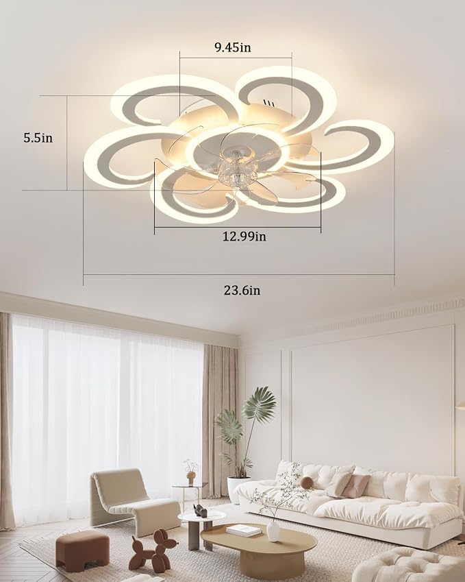 24" White Flower Ceiling Fan with Light Remote Control, 3 Light Color 6 Speeds Flush Mount Low Profile Ceiling Fan for Bedroom Kitchen