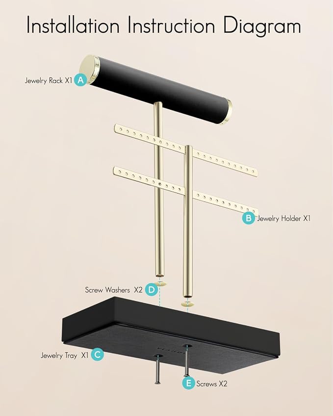 VLANDO 2 Tier Necklace Holder Organizer with Tray, Leather Bracelet Holder Display for Women, Gold Jewelry Holder Stand for Bracelet, Necklace, Earrings, Rings - Black