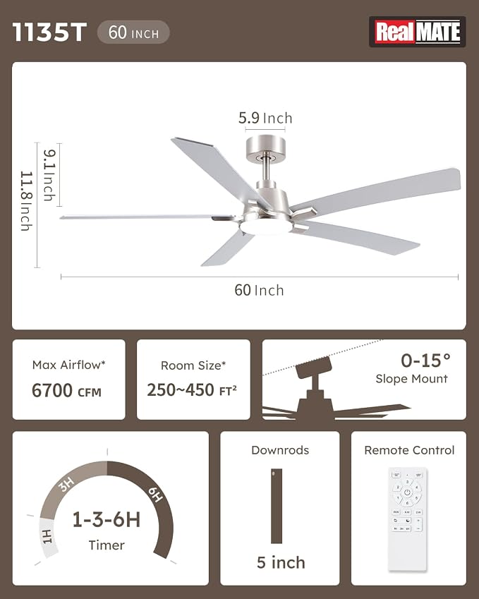 60 Inch Brushed Nickel Downrod Ceiling Fans with Lights and Remote | 3CCT Dimmable LED, 6 Speed, Quiet DC Motor, 3-Level Timer Function, Forward/Reserve For all Seasons, Indoor/Covered Outdoor