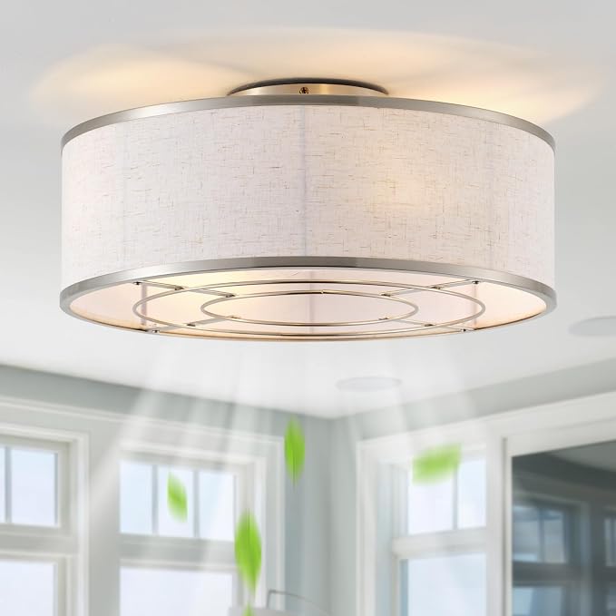 20" Silver Caged Ceiling Fans with Lights, Boho Flush Mount Ceiling Fan with Light and Remote, Bladeless with 6 Speeds for Bedroom, Nursery, Living Room