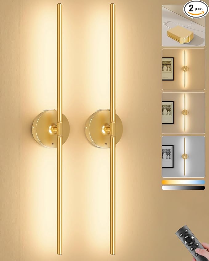 Ouyulong Battery Operated Wall Sconces Set of 2, 8000mAh Wireless Rechargeable 3000-6000K Dimmable 350° Rotate Wall Light with Remote for Living Room, Bedroom 31.6in Gold
