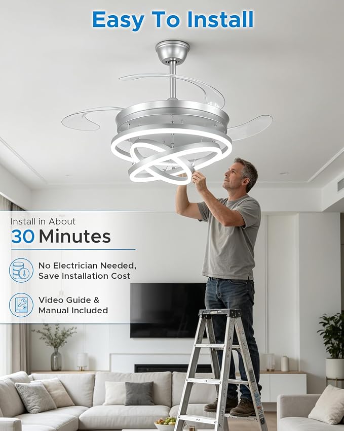 48 Inch Retractable Ceiling Fans with Lights and Remote, Modern Chandelier Fandelier Ceiling Fans, Quiet Reversible DC Motor, 6 Speeds, 3 Color Dimmable LED for Bedroom Living Room (Silver)