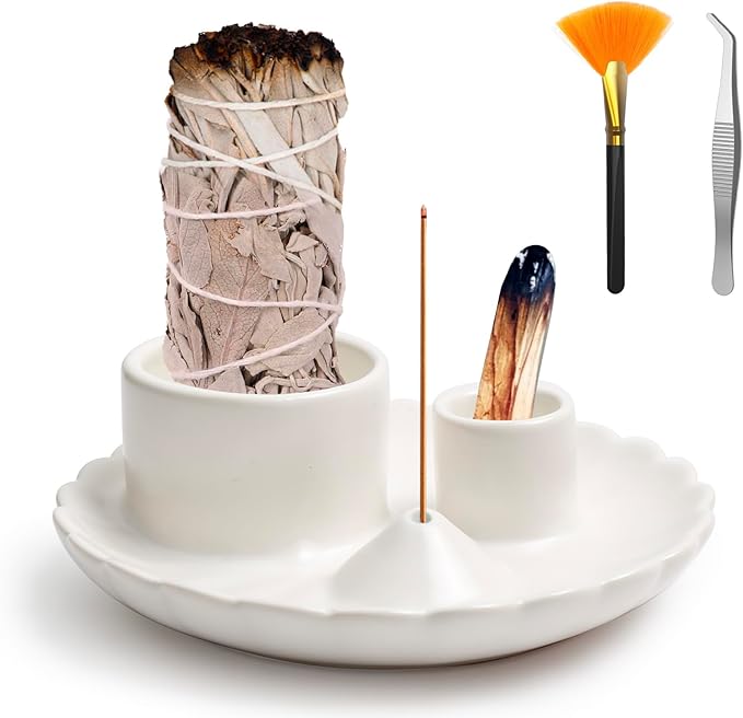 Palo Santo Sticks Holder, 4 in 1 Incense and Candle Holder for Burning Sage and Sticks for Burning, Ash Catcher Tray for Meditation Yoga Room (White)