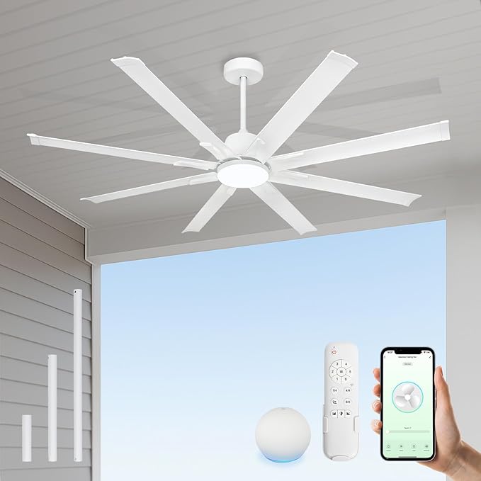 Minislak 72 Inch Ceiling Fan with Light,Industrial Ceiling Fan with 8 White Aluminum Blades,Smart Fan Compatible with Alexa,Garage Outdoor/Indoor Fan for Patio and Living Room