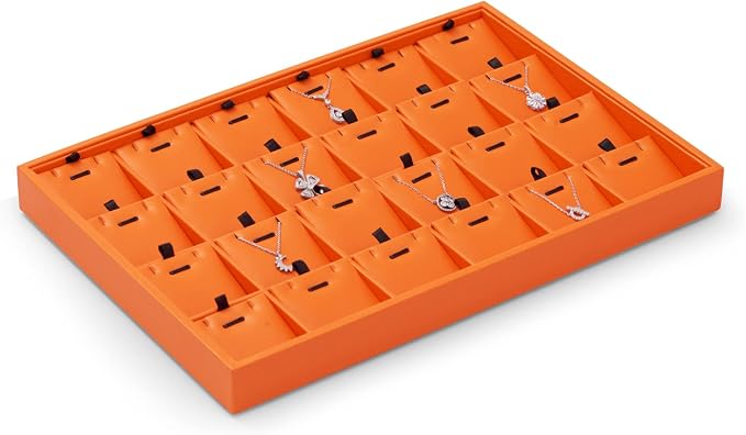 Oirlv Orange Leather Jewelry Pendant Display Tray | Orange Leather Exterior, Soft Microfiber Interior, 24 Pendant Slots, Removable Inserts, Vibrant Display for Pendants