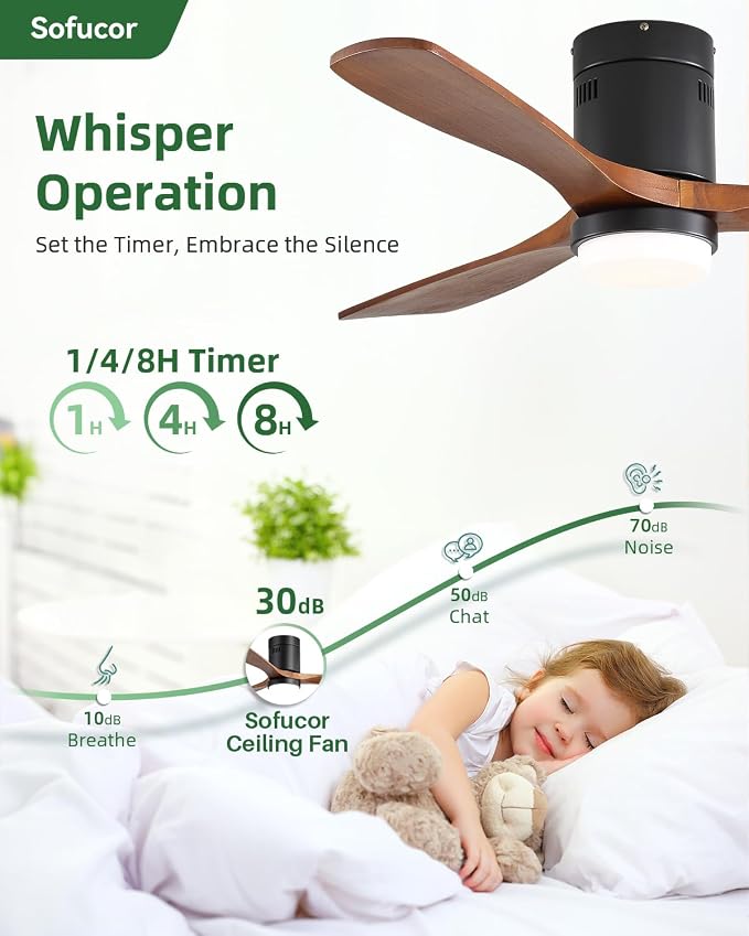 Sofucor 52 Inch Ceiling Fans with Lights and Remote, Low Profile Flush Mount Solid Wood Modern Outdoor Ceiling Fan for Bedroom/Living Room/Patio/Farmhouse, Quiet Reversible DC Motor, Dimmable LED