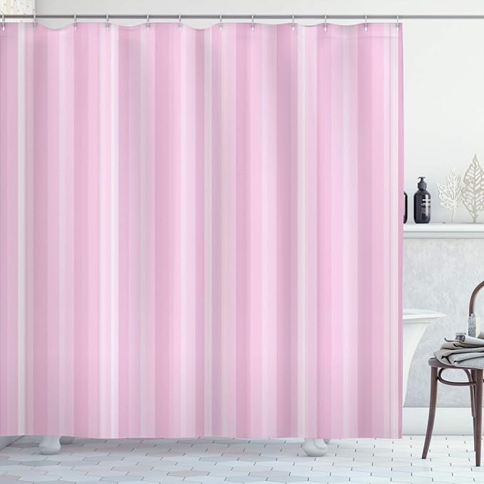 Ambesonne Stripes Shower Curtain, Abstract Ocean Inspired Palette Lines Geometrical Image Illustration, Cloth Fabric Bathroom Decor Set with Hooks, 84" Long Extra, Baby Pink