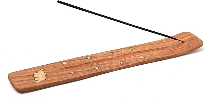 Incense Garden Wooden Incense Holder for Sticks with Inlays of Brass Sun 10 inches Long (Elephant)