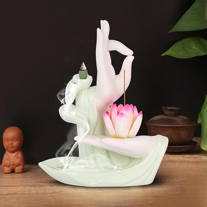 Backflow Incense Holder Buddhist Culture，Waterfall Incense Burner Buddha's Hand and Colorful Lotus Pattern，Aromatherapy Ornament Home Décor Nice Gift for Friends Families
