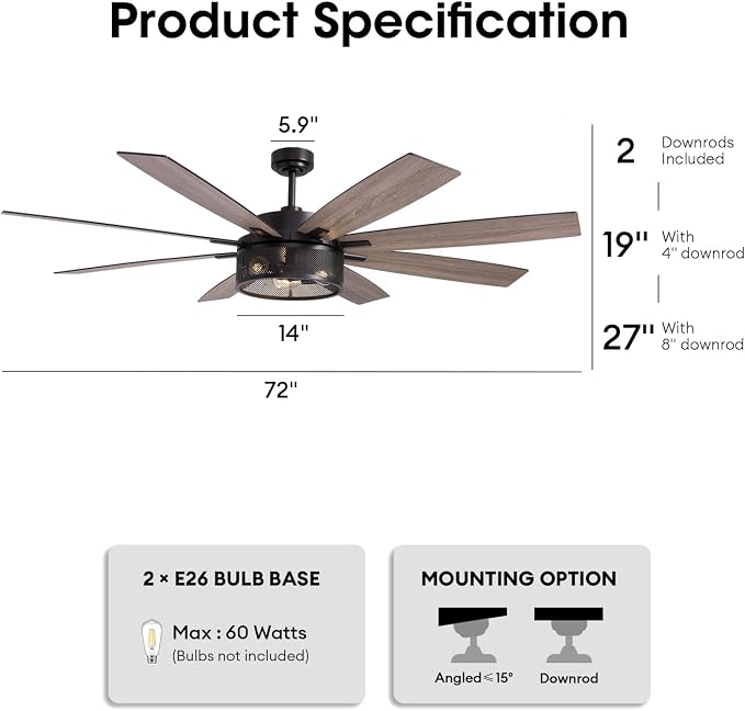 LuminFan 72 inch Large Ceiling Fans with Lights and Remote, Black Modern Ceiling Fan for Living Room, Patios, 6 Speed Reversible Quiet DC Motor, 8 Blades, Easy to Install