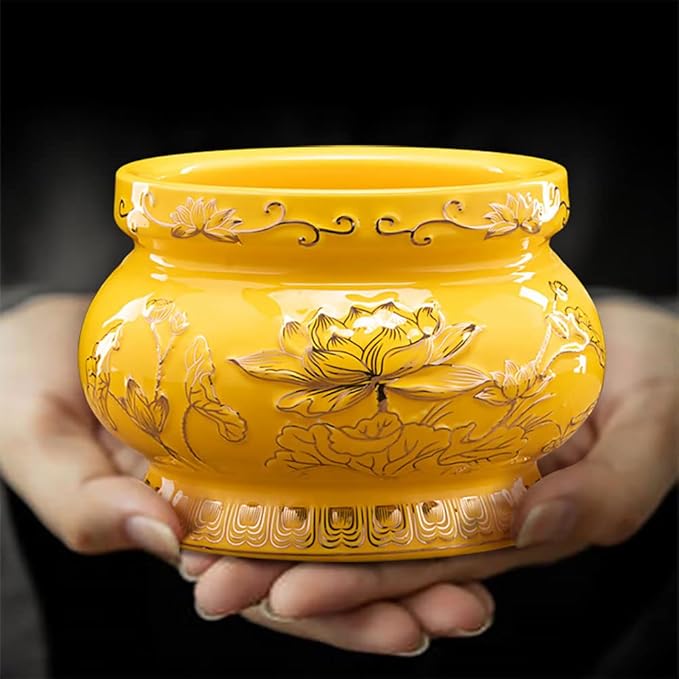 Houlu Small Yellow Ceramic Incense Burner Pot for Praying Buddha, Tibetan Buddhist Altar Worship Incense Censer - 4 Inches
