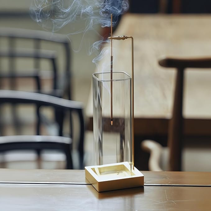 Incense Holder, Metal Incense Holder for Sticks with Glass Ash Catcher, Anti-Ash Incense Burner for Meditation Yoga Spa Room Décor (Golden)
