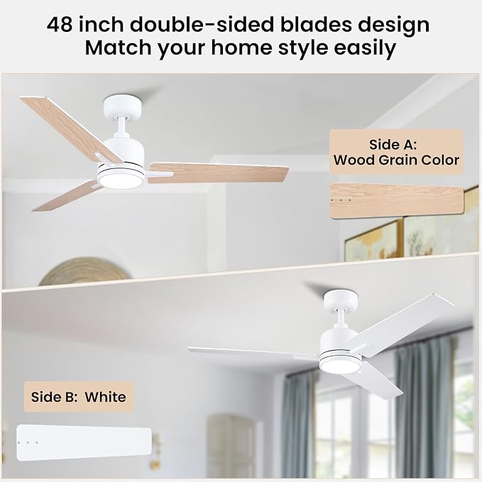 Newday 48 Inch Ceiling Fans with Lights Remote, White Ceiling Fans Dimmable 3 Color Temperature, Timer, 3 Blades, 6 Speed Modern Fan Quiet Reversible DC Motor for Indoor or Covered Outdoor