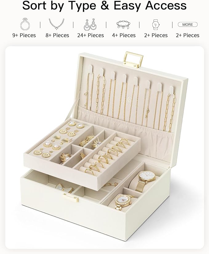 VLANDO Jewelry Organizer,2 Layer Jewelry Box Large Jewelry Organizer for Mothers Day Mom Gifts Women Removable Jewelery Tray with Watch Pillow for Necklace Earrings Rings Bracelets(Cream White)