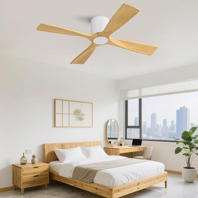 WINGBO 54 Inch Ceiling Fan Without Light, Solid Wood Flush Mount Ceiling Fan with Remote Control, Reversible DC Motor, 4 Blades, 6-Speed Quiet Performance, for Bedroom & Living Room, White+Light Wood