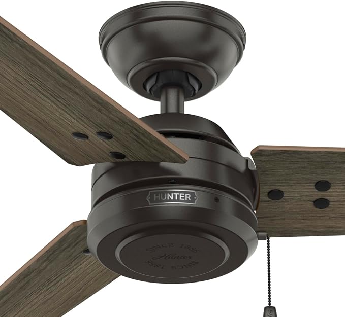Hunter 52" Cassius Indoor/Outdoor Ceiling Fan, Pull Chain, Noble Bronze | Covered porches and living rooms get reversible blades, a no-light design, and streamlined industrial style with easy setup.