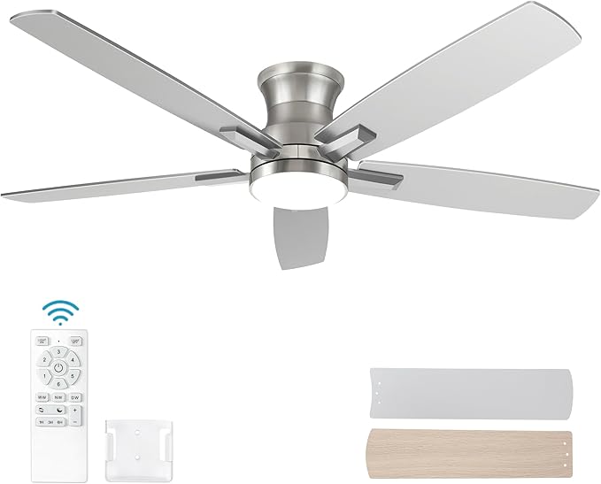 52 Inch Flush Mount Brushed Nickel Ceiling Fan with Light and Remote Control.Noiseless,Dimmable,3CCT,6 Speeds Reversible, Low Profile DC Ceiling Fans for Indoor or Covered Outdoor Use,ETL Listed