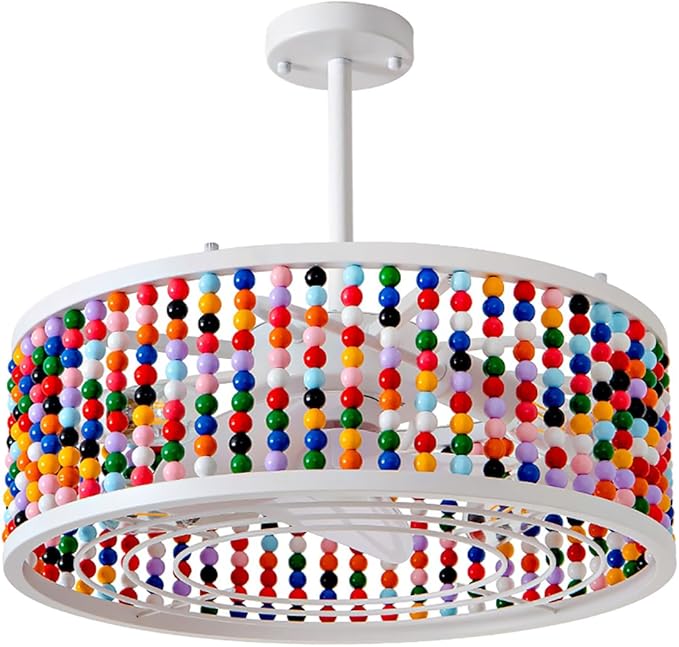 Ceiling Fans with Lights and Remote and Downrod, Caged Ceiling Fan with Handcrafted Beaded Décor 6 Speeds Reversible 19 inches Bulbs Included for Angled Ceiling, Colorful
