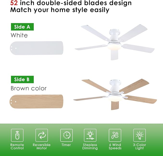 Mpayel 52 Inch Ceiling Fans with Lights and Remote, White Ceiling Fan with Light Flush Mount, Low Noise, Reversible, Dimmable, Modern Low Profile Ceiling Fan with Light for Bedroom Indoor Outdoor