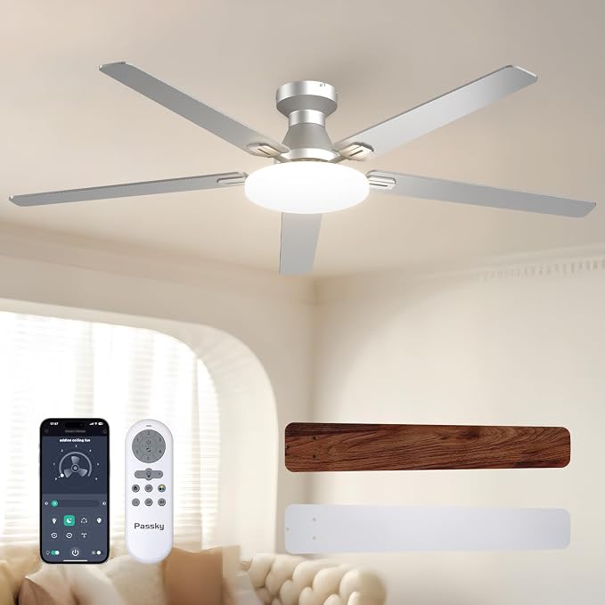 Passky Ceiling Fans with Lights, 60 inch Flush Mount Ceiling fan with Remote Control, Low Profile Ceiling Fan for Bedroom, Farmhouse, Reversible, 3CCT, Dimmable, Noiseless DC Motor, Silver
