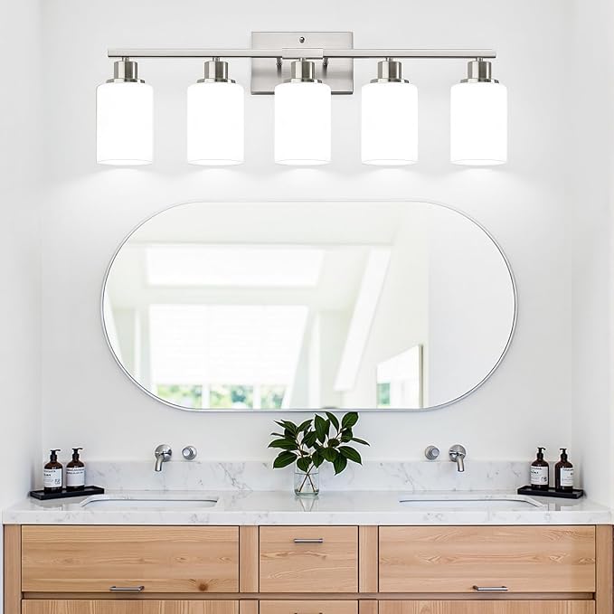 Indoi 5-Light Bathroom Light Fixtures, Brushed Nickel Modern Vanity Lights with Milky White Shades, Bathroom Wall Lamp for Mirror Living Room Cabinet Bedroom Porch