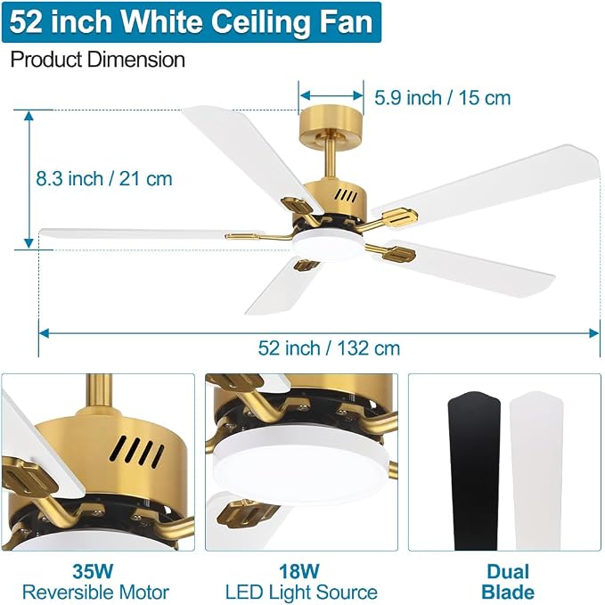 52 inch Ceiling Fan with Lights White and Gold, 3000K-6000K, 6 Wind Speeds, Dimmable LED Ceiling Fan 5 Blades, Quiet Reversible DC Motor, Modern Ceiling Fan for Bedroom, Living Room, Patio